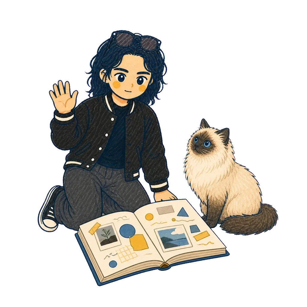 木子与蓝眼小猫在打开的创作手册旁向访客打招呼。